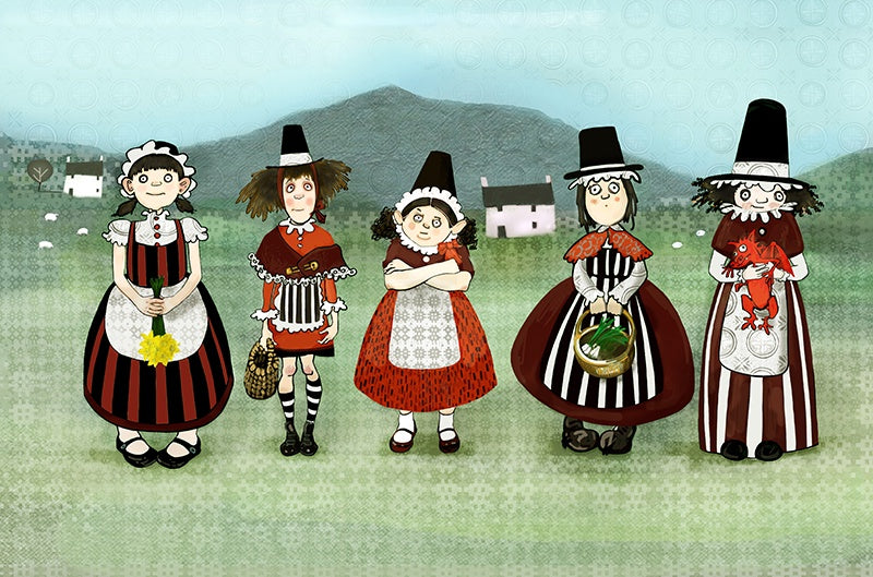 Illustration of five traditional Welsh ladies with a humorous twist with a welsh flannel design mountain behind them.