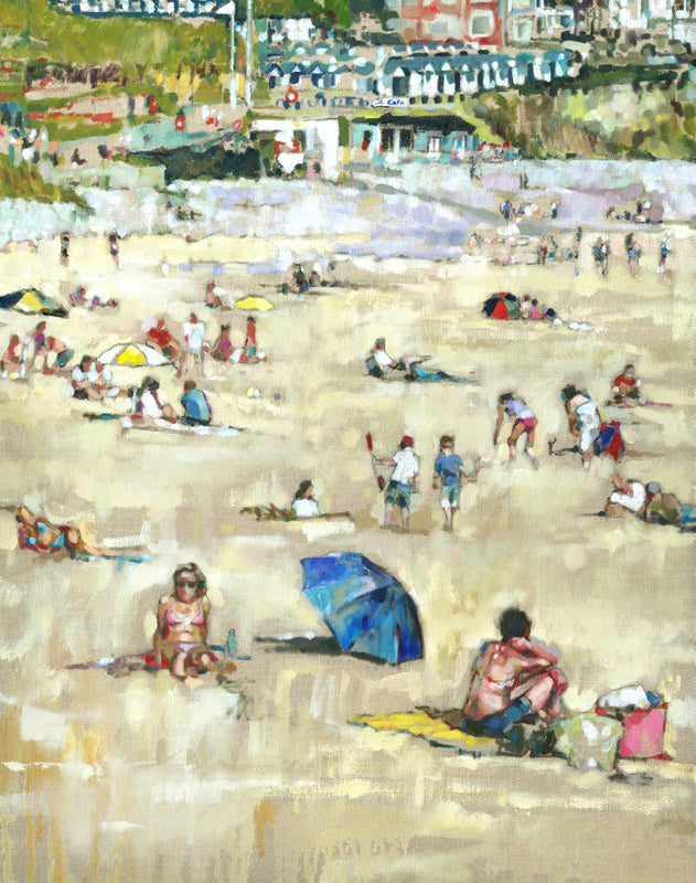 Oil painting of Langland Bay with the Surf Side cafe and the beach huts in the background.