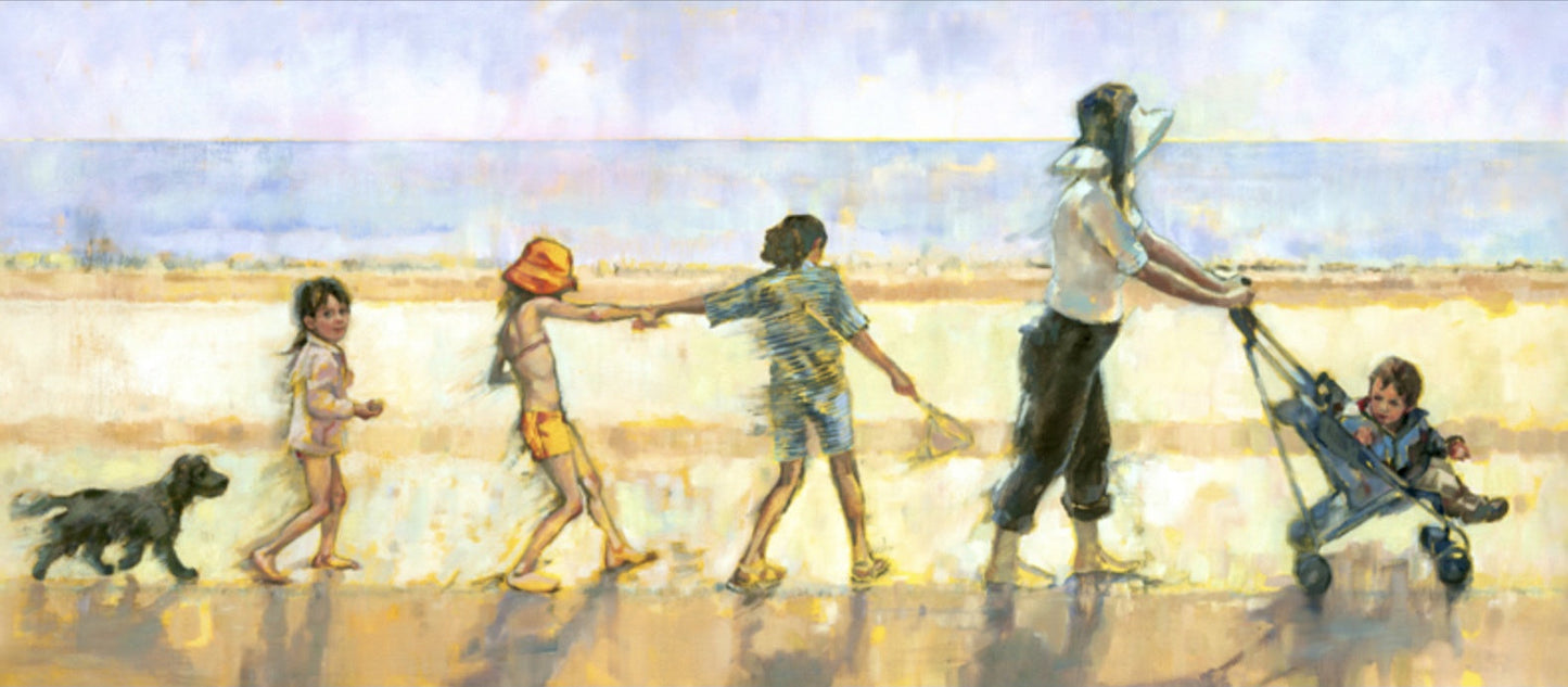 A greetings card with an image of a mother pushing her pram across the beach with three children in tow and their dog following. An oil painting by Welsh artist Arwen Banning.