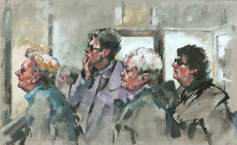 Oil painting of women staring at something beyond the frame of the picture. By Welsh artist Arwen Banning